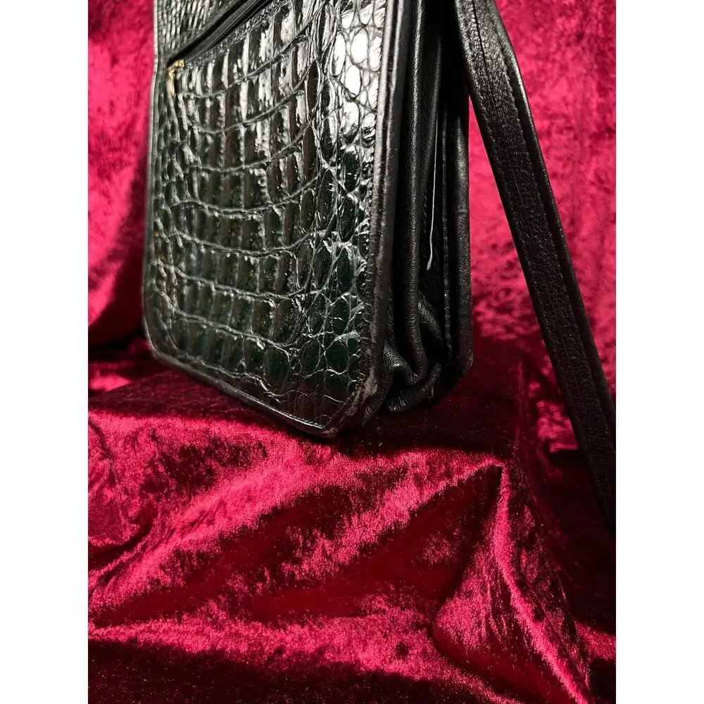Vintage Emerald Green Leather Crossbody Bag - Croc Embossed Top Handle Purse